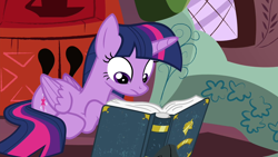 Size: 1280x720 | Tagged: safe, derpibooru import, screencap, twilight sparkle, twilight sparkle (alicorn), alicorn, pony, testing testing 1-2-3, book, cute, golden oaks library, prone, reading, solo