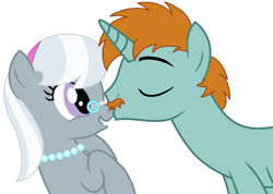 Size: 1106x786 | Tagged: safe, artist:iceagelover, silver spoon, snips, earth pony, pony, unicorn, duo, female, male, mare, moustache, nose kiss, older, older silver spoon, older snips, pince-nez, shipping, silversnips, simple background, stallion, white background