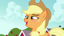 Size: 1280x720 | Tagged: safe, screencap, applejack, earth pony, pony, brotherhooves social, apple, apple tree, appleblush, applejack's hat, blushing, cowboy hat, female, flattered, food, freckles, hat, looking down, mare, open mouth, solo, stetson, sweet apple acres, tree