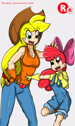 Size: 1500x2500 | Tagged: safe, artist:ryured, apple bloom, applejack, human, apple bloom's bow, bow, clothes, cowboy hat, female, fingerless gloves, gloves, hair bow, hat, humanized, overalls, pants, sisters, smiling, stetson