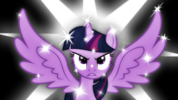 Size: 1280x720 | Tagged: safe, derpibooru import, twilight sparkle, twilight sparkle (alicorn), alicorn, pony, angry, pun, solo, sparkles, sparkling, spread wings, visual pun