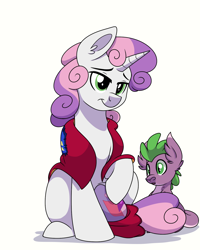 Size: 1200x1500 | Tagged: safe, artist:itstaylor-made, sweetie belle, oc, oc:hedgewing, dracony, hybrid, cape, clothes, cmc cape, cutie mark, interspecies offspring, next generation, offspring, older, parent:spike, parent:sweetie belle, parents:spikebelle, simple background, story included, the cmc's cutie marks, white background