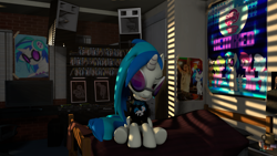 Size: 3840x2160 | Tagged: safe, artist:jdash, artist:reddragon48, dj pon-3, vinyl scratch, pony, unicorn, 3d, bedroom, clothes, light, markus schulz, pioneer, sitting, source filmmaker, tired, turntable