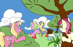 Size: 1000x638 | Tagged: safe, artist:elosande, daisy, flower wishes, goldengrape, lily, lily valley, roseluck, sir colton vines iii, earth pony, pony, basket, colored, daisygrape, female, flower trio, male, mare, picnic, picnic basket, picnic blanket, prone, shipping, spying, stallion, straight, tree