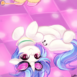 Size: 750x750 | Tagged: safe, artist:lumineko, dj pon-3, pacific glow, vinyl scratch, pony, unicorn, the saddle row review, behaving like a cat, behaving like a dog, belly, cute, daaaaaaaaaaaw, female, flexible, floppy ears, glasses, jewelry, leg warmers, looking at you, mare, necklace, on back, patreon, patreon logo, ponified animal photo, smiling, solo focus, starry eyes, vinylbetes, wingding eyes, wub me