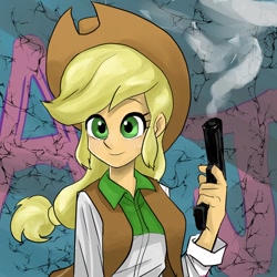 Size: 1000x1000 | Tagged: safe, artist:bojack_mlplove, applejack, equestria girls, clothes, cowboy hat, gun, handgun, hat, smiling, smoke, solo, weapon