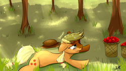 Size: 1920x1080 | Tagged: safe, artist:dashy21, applejack, earth pony, pony, apple, cowboy hat, exhausted, female, food, hat, mare, prone, solo, sploot