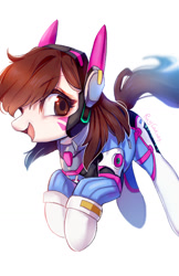 Size: 1000x1545 | Tagged: safe, artist:rocy canvas, pony, clothes, cute, d.va, diabetes, female, mare, open mouth, overwatch, ponified, simple background, solo, white background