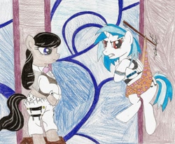 Size: 900x743 | Tagged: safe, artist:wjmmovieman, dj pon-3, octavia melody, vinyl scratch, earth pony, pony, unicorn, assisted exposure, clothes, duo, female, hanging wedgie, mare, music note underwear, orange underwear, panties, pants, polka dot underwear, traditional art, underwear, wedgie, wrong eye color