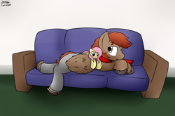 Size: 2158x1423 | Tagged: safe, artist:the-furry-railfan, fluttershy, oc, oc:winterlight, pegasus, pony, bed mane, clothes, lazy, morning, pants, plushie, resting, scarf, sofa