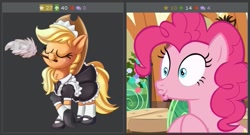 Size: 517x279 | Tagged: safe, derpibooru import, screencap, applejack, pinkie pie, earth pony, pony, hearthbreakers, clothes, derpibooru, exploitable meme, juxtaposition, juxtaposition win, maid, meme, meta