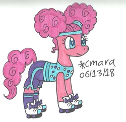 Size: 810x783 | Tagged: safe, artist:carlycmarathecat, pinkie pie, earth pony, pony, clothes, costume, female, mare, nightmare night costume, pinkie puffs, roller skates, simple background, solo, traditional art, white background