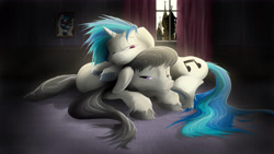 Size: 5120x2880 | Tagged: safe, artist:nowego, dj pon-3, octavia melody, vinyl scratch, earth pony, pony, unicorn, absurd resolution, canterlot, cute, female, indoors, lesbian, mare, scratchtavia, shipping, window