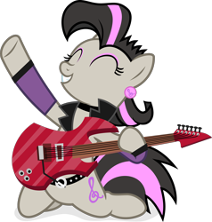 Size: 2631x2766 | Tagged: safe, artist:punzil504, idw, octavia melody, earth pony, pony, alternate universe, electric guitar, eyes closed, female, guitar, mare, mirror universe, rocktavia, simple background, smiling, solo, transparent background