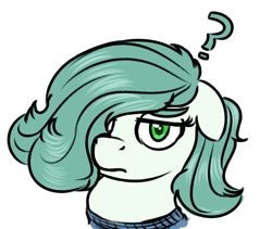 Size: 800x674 | Tagged: safe, artist:hipsanon, oc, oc only, oc:emerald jewel, earth pony, pony, bandana, child, color, colt, colt quest, floppy ears, foal, frown, hair over one eye, image macro, lidded eyes, looking at you, male, meme, question mark, reaction image, simple background, solo, white background