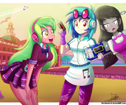 Size: 1796x1504 | Tagged: safe, artist:the-butch-x, dj pon-3, lemon zest, octavia melody, vinyl scratch, equestria girls, friendship games, boombox, canterlot high, cassette player, cassette tape, clothes, colored pupils, crossover, crystal prep academy uniform, cute, decepticon, female, fingerless gloves, frenzy, gloves, headphones, laserbeak, leggings, looking at you, miniskirt, octavia is not amused, open mouth, school uniform, signature, skirt, skywarp, smiling, soundwave (transformers), starscream, thundercracker, transformers, trio, trio female, unamused