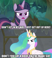 Size: 1280x1440 | Tagged: safe, edit, edited screencap, editor:jaredking203, screencap, mean twilight sparkle, princess celestia, alicorn, pony, horse play, the mean 6, angry, caption, clone, confrontation, crown, ethereal mane, female, image macro, jewelry, mare, meme, regalia, text