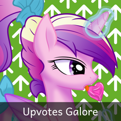 Size: 1024x1024 | Tagged: safe, artist:kp-shadowsquirrel, artist:parclytaxel, princess cadance, alicorn, pony, abstract background, bust, candy, derpibooru, female, licking, lollipop, mare, meta, ponytail, portrait, solo, spoilered image joke, tongue out, upvote, vector