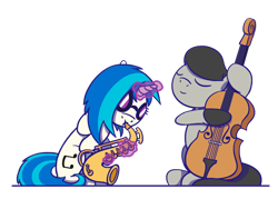 Size: 1280x960 | Tagged: safe, artist:flutterluv, dj pon-3, octavia melody, vinyl scratch, earth pony, pony, unicorn, bowtie, cello, duo, glowing horn, magic, musical instrument, saxophone, simple background, smiling, transparent background