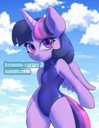 Size: 600x777 | Tagged: safe, artist:raikoh, derpibooru import, twilight sparkle, twilight sparkle (alicorn), alicorn, anthro, clothes, female, mare, one-piece swimsuit, solo, swimsuit