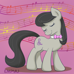 Size: 1000x1000 | Tagged: safe, artist:empyu, octavia melody, earth pony, pony, 30 minute art challenge, bowtie, eyes closed, female, listening, mare, music notes, smiling, solo