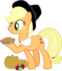Size: 4228x4817 | Tagged: safe, artist:ironm17, applejack, earth pony, pony, absurd resolution, apple, clothes, food, grin, happy, hat, holiday, pie, pilgrim hat, pumpkin, simple background, smiling, solo, thanksgiving, transparent background, vector
