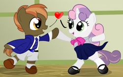 Size: 1280x805 | Tagged: safe, artist:ohohokapi, button mash, sweetie belle, pony, bipedal, buttonbetes, clothes, cute, diasweetes, dress, female, heart, male, necktie, shirt, short, straight, sweetiemash