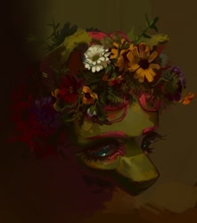 Size: 1280x1451 | Tagged: safe, artist:yanisfucker, fluttershy, pegasus, pony, abstract background, bust, flower, flower in hair, portrait, solo