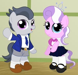 Size: 960x924 | Tagged: safe, artist:ohohokapi, diamond tiara, rumble, pony, bipedal, clothes, cute, diamondbetes, dress, mary janes, necktie, shirt, shoes, shorts, socks