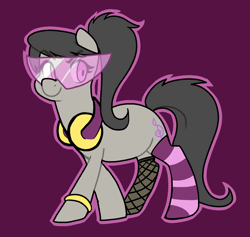 Size: 1780x1684 | Tagged: safe, artist:/d/non, octavia melody, earth pony, pony, 30 minute art challenge, accessories, alternate hairstyle, clothes, female, fishnet stockings, glasses, headphones, mare, ponytail, purple background, simple background, socks, solo, striped socks, visor