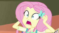 Size: 1280x720 | Tagged: safe, screencap, fluttershy, better together, equestria girls, fluttershy's butterflies, fluttershy's butterflies: rainbow dash, announcer, female, geode of fauna, open mouth, shocked, shocked expression, solo