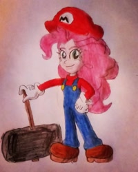 Size: 1024x1280 | Tagged: safe, artist:ponysloud99, pinkie pie, equestria girls, clothes, cosplay, costume, crossover, female, hammer, mario, mario pie, super mario bros., traditional art