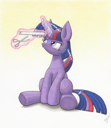 Size: 3070x3540 | Tagged: safe, artist:xeviousgreenii, derpibooru import, twilight sparkle, twilight sparkle (alicorn), alicorn, pony, haircut, magic, misleading thumbnail, ruler, scissors, sitting, solo, telekinesis, traditional art