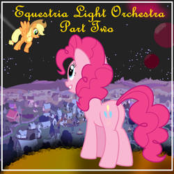 Size: 1200x1200 | Tagged: safe, artist:grapefruitface1, applejack, pinkie pie, pegasus, pony, album cover, electric light orchestra, elo, elo part 2, elo part ii, equestria light orchestra, flapplejack, music, planet, ponyville, race swap, science fiction