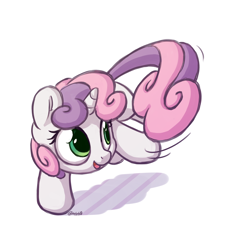 Size: 1100x1200 | Tagged: safe, artist:bobdude0, sweetie belle, pony, unicorn, behaving like a cat, chasing own tail, cute, diasweetes, female, filly, kitty belle, open mouth, simple background, solo, white background