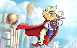 Size: 1280x795 | Tagged: safe, artist:dan232323, applejack, earth pony, pony, app-el, clothes, costume, crossover, dc comics, flying, glasses, superman, supermare