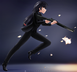 Size: 2720x2560 | Tagged: safe, artist:slackerburst, octavia melody, human, badass, clothes, female, fire, gun, humanized, john wick, john wick: chapter 2, shoes, shotgun, shotgun shell, solo, suit, weapon