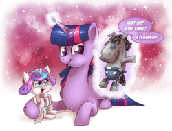 Size: 1000x765 | Tagged: safe, artist:saturdaymorningproj, derpibooru import, princess flurry heart, smarty pants, twilight sparkle, twilight sparkle (alicorn), alicorn, pony, auntie twilight, dialogue, f.r.i.e.n.d.s, levitation, magic, prone, speech bubble, telekinesis