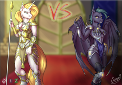 Size: 3400x2400 | Tagged: safe, artist:reaper3d, oc, anthro, bat pony, unicorn, armor, bat pony oc, beckoning, big breasts, breasts, female, night guard, royal guard, unconvincing armor, weapon, wings