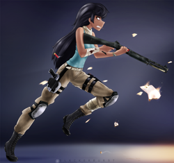 Size: 2720x2560 | Tagged: safe, artist:slackerburst, octavia melody, human, bandage, belt, blood, boots, clothes, dark skin, female, fire, guerilla, gun, handgun, holster, humanized, knee pads, mossberg 930, pistol, shoes, shotgun, shotgun shell, solo, tanktop, tape, toothpick, watch, weapon