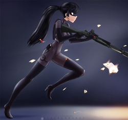 Size: 2720x2560 | Tagged: safe, artist:slackerburst, octavia melody, human, alternate hairstyle, boots, eotech, female, fire, gun, high heel boots, humanized, latex, mask, ponytail, shotgun, shotgun shell, solo, spy suit, weapon