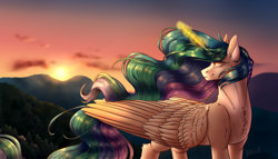 Size: 2800x1600 | Tagged: safe, artist:norica-official, princess celestia, alicorn, pony, cheek fluff, chest fluff, cloud, ear fluff, female, leg fluff, magic, mare, profile, raising the sun, sky, solo, sun, sunrise, telekinesis