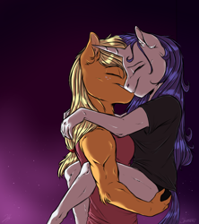 Size: 1024x1152 | Tagged: safe, artist:shimazun, applejack, rarity, anthro, earth pony, unicorn, carrying, clothes, ear fluff, eyes closed, female, freckles, lesbian, mare, muscles, rarijack, shipping, smiling