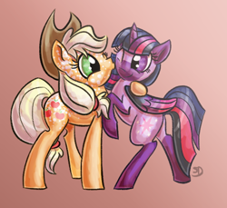 Size: 600x550 | Tagged: safe, artist:sallindaemon, derpibooru import, applejack, twilight sparkle, twilight sparkle (alicorn), alicorn, earth pony, pony, alternate design, female, hug, kiss on the cheek, kissing, lesbian, mare, shipping, twijack