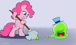 Size: 1000x600 | Tagged: safe, artist:empyu, pinkie pie, smooze, earth pony, pony, broom, female, hat, mare, top hat