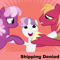 Size: 819x819 | Tagged: safe, big macintosh, cheerilee, sweetie belle, earth pony, pony, cheerimac, derpibooru, hilarious in hindsight, male, meta, needs more jpeg, shipping, shipping denied, spoilered image joke, stallion, straight