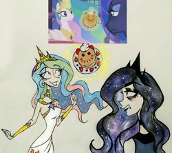 Size: 2981x2652 | Tagged: safe, artist:citi, princess celestia, princess luna, human, a royal problem, bags under eyes, cute, cutelestia, eye clipping through hair, eyebrows visible through hair, food, grumpy luna, humanized, magic, pancakes, royal sisters, scene interpretation, screencap reference, starry hair, telekinesis, traditional art