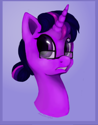 Size: 900x1150 | Tagged: safe, artist:isaeliseduk, derpibooru import, twilight sparkle, alternate hairstyle, bust, glasses, hair bun, solo