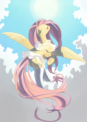 Size: 568x800 | Tagged: safe, artist:unousaya, fluttershy, pegasus, pony, clothes, eyes closed, female, mare, see-through, solo