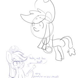 Size: 1000x1000 | Tagged: safe, artist:heir-of-rick, applejack, earth pony, pony, 30 second sketch, blind drawing, cowboy hat, dialogue, female, hat, mare, monochrome, quality, sketch, solo, stetson